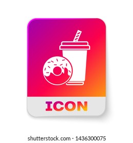 White Soda drink with drinking straw and donut icon isolated on white background. Fast food symbol. Rectangle color button. Vector Illustration
