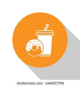 White Soda drink with drinking straw and donut icon isolated on white background. Fast food symbol. Orange circle button. Vector Illustration