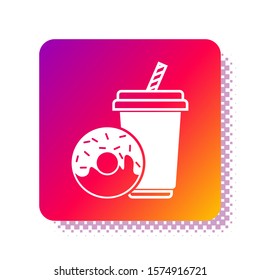 White Soda drink with drinking straw and donut icon isolated on white background. Fast food symbol. Square color button. Vector Illustration