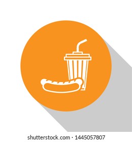 White Soda and hotdog icon isolated on white background. Fast food symbol. Orange circle button. Vector Illustration