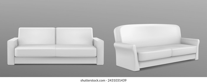 White sofa 3d with fabric surface. Realistic vector illustration set of couch mockup in front and side angles of view. Living room interior furniture for lounge or business waiting zone design.