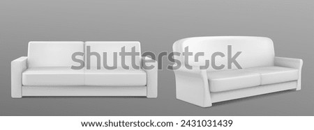 White sofa 3d with fabric surface. Realistic vector illustration set of couch mockup in front and side angles of view. Living room interior furniture for lounge or business waiting zone design.