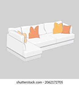White sofa with brown and orange pillows. Elements for decorated modern interior. Vector illustration