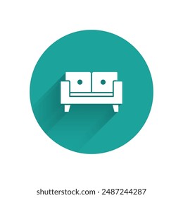 White Sofa icon isolated with long shadow. Green circle button. Vector