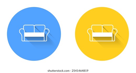 White Sofa icon isolated with long shadow background. Circle button. Vector