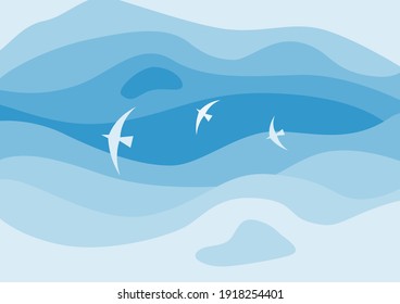 White and soft blue clouds and birds fly across the sky. Abstract illustration for background and design. Add shadows for more depth.