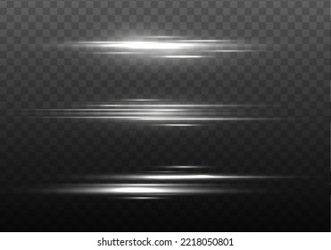 White soft horizontal neon lines. Set of abstract lens flares. Flash line motion. Laser sparkle beams, glowing silver speed rays, dust sparks light effect. Luminous sparkling lined. Vector 