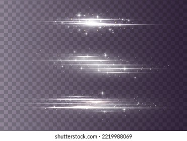 White soft horizontal neon lines. Set of abstract lens flares. Flash line motion. Laser sparkle beams, glowing silver speed rays, dust sparks light effect. Luminous sparkling lined. Vector 