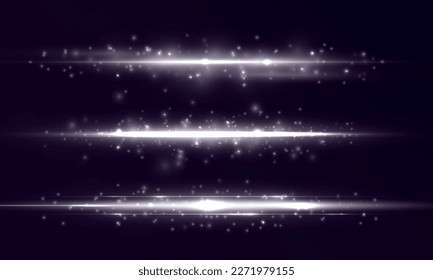	
White soft horizontal neon lines. Set of abstract lens flares. Flash line motion. Laser sparkle beams, glowing silver speed rays, dust sparks light effect. Luminous sparkling lined. Vector	
