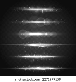 	
White soft horizontal neon lines. Set of abstract lens flares. Flash line motion. Laser sparkle beams, glowing silver speed rays, dust sparks light effect. Luminous sparkling lined. Vector	
