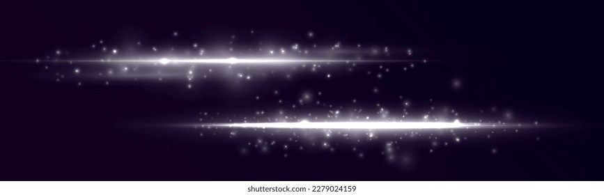 	
Líneas blancas de neón horizontales. Conjunto de bengalas de lente abstractas. Movimiento de línea flash. Vigas láser brillantes, rayos de velocidad plateados brillantes, el polvo provoca un efecto luminoso. Luminoso reluciente. Vector	
