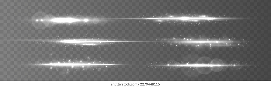 	
White soft horizontal neon lines. Set of abstract lens flares. Flash line motion. Laser sparkle beams, glowing silver speed rays, dust sparks light effect. Luminous sparkling lined. Vector	
