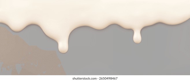 Creme de textura líquida macia branca isolado em um fundo cinza. Borda de sorvete de derretimento realista, loção, iogurte ou esmalte de baunilha gotejante, leite condensado, esmalte de unha, loção ou glacê. Vetor 3D