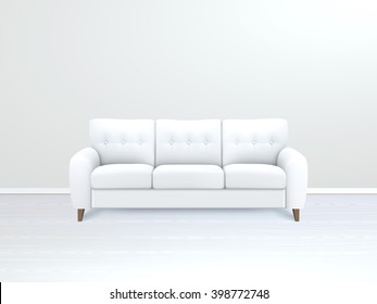 White soft luxury leather sofa in modern apartment salon art gallery or office interior realistic vector illustration