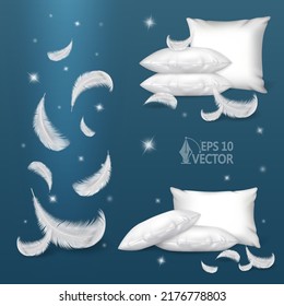 White soft pillows for a night's sleep. Advertising set with comfort pillows and air feathers, 3d realistic vector illustration