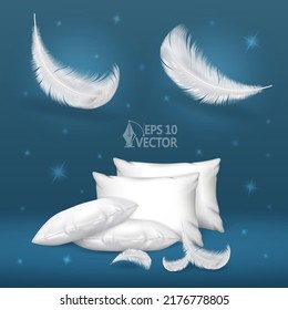 White soft pillows for a night's sleep. 3d realistic vector illustration with comfortable pillows, airy, delicate feathers and shining stars