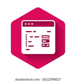 White Software, web developer programming code icon isolated with long shadow background. Javascript computer script random parts of program code. Pink hexagon button. Vector