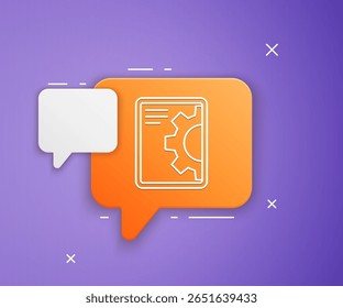 Software branco, desenvolvimento web, ícone de conceito de programação isolado no fundo roxo. Linguagem de programação e código do programa no tablet da tela. Símbolo laranja de balão de fala. Vetor