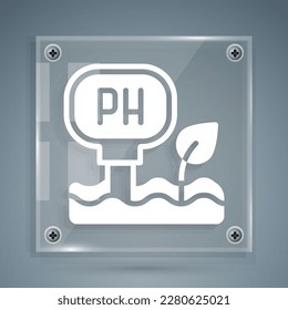 White Soil ph testing icon isolated on grey background. PH earth test. Square glass panels. Vector