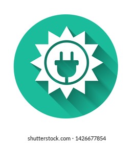 White Solar energy panel icon isolated with long shadow. Sun and electric plug. Green circle button. Vector Illustration