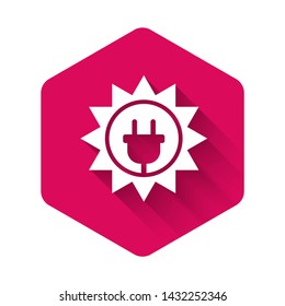 White Solar energy panel icon isolated with long shadow. Sun and electric plug. Pink hexagon button. Vector Illustration