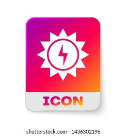 White Solar energy panel icon isolated on white background. Sun with lightning symbol. Rectangle color button. Vector Illustration