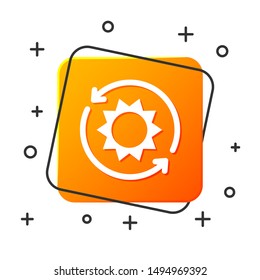 White Solar energy panel icon isolated on white background. Sun with lightning symbol. Orange square button. Vector Illustration