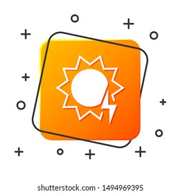 White Solar energy panel icon isolated on white background. Sun with lightning symbol. Orange square button. Vector Illustration