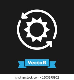 White Solar energy panel icon isolated on black background. Sun with lightning symbol.  Vector Illustration