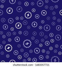 White Solar energy panel icon isolated seamless pattern on blue background. Sun with lightning symbol.  Vector Illustration