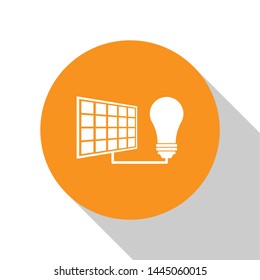 White Solar energy panel and light bulb icon isolated on white background. Orange circle button. Vector Illustration