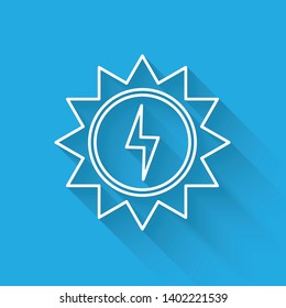 White Solar energy panel line icon isolated with long shadow. Sun with lightning symbol. Vector Illustration