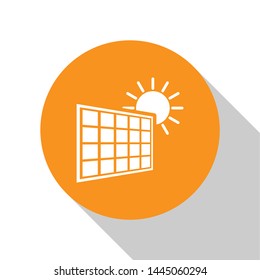 White Solar energy panel and sun icon isolated on white background. Orange circle button. Vector Illustration
