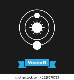 White Solar system icon isolated on black background. The planets revolve around the star.  Vector Illustration