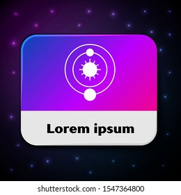 White Solar system icon isolated on black background. The planets revolve around the star. Rectangle color button. Vector Illustration