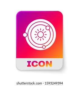 White Solar system icon isolated on white background. The planets revolve around the star. Rectangle color button. Vector Illustration