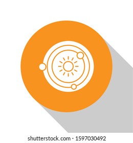 White Solar system icon isolated on white background. The planets revolve around the star. Orange circle button. Vector Illustration