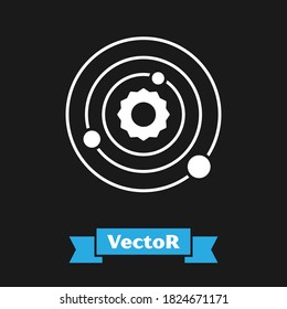 White Solar system icon isolated on black background. The planets revolve around the star.  Vector Illustration