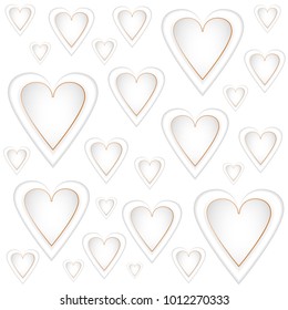 White solid hearts with a golden frame on a white background. Elements for Valentine's Day or weddings. A gentle pastel composition.