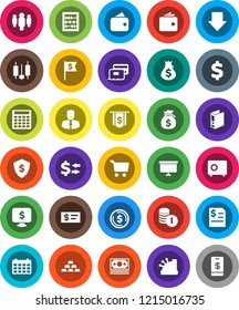 White Solid Icon Set- abacus vector, exchange, dollar coin, cart, japanese candle, wallet, money bag, manager, stack, annual report, calculator, man, binder, arrow down, presentation board, flag
