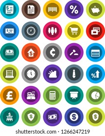 White Solid Icon Set- abacus vector, pie graph, cart, credit card, cash, percent growth, piggy bank, dollar, auction, check, building, calculator, clock, man, presentation board, tie, calendar, coin