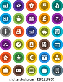 White Solid Icon Set- abacus vector, graph, pie, credit card, cash, money bag, piggy bank, manager, case, dollar growth, auction, check, building, flag, personal information, tie, shield, hierarchy