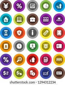 White Solid Icon Set- abacus vector, exchange, pie graph, laptop, percent growth, case, dollar, coin stack, check, money search, clock, binder, sand, flag, personal information, tie, shield, safe