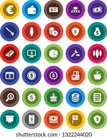 White Solid Icon Set- abacus vector, exchange, dollar coin, gold ingot, pie graph, credit card, cash, crisis, money bag, piggy bank, stack, auction, building, search, man, presentation board, medal