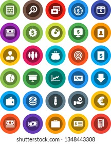 White Solid Icon Set- abacus vector, dollar coin, graph, pie, credit card, cash, manager, case, investment, check, receipt, money search, target, man, arrow down, presentation board, medal, tie