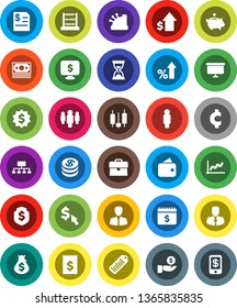 White Solid Icon Set- abacus vector, graph, japanese candle, percent growth, money bag, piggy bank, manager, case, investment, dollar, annual report, receipt, man, sand clock, presentation board