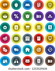 White Solid Icon Set- alarm clock vector, presentation, cart, laptop graph, coin stack, annual report, receipt, hierarchy, boxing glove, office, phone, 24, home, mailbox, sale signboard, low price