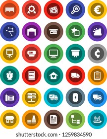 White Solid Icon Set- alarm clock vector, medal, presentation, board, personal information, euro sign, cent, enegry drink, office, money, phone, delivery, clipboard, network, server, favorites, barn