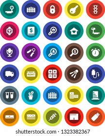 White Solid Icon Set- alarm clock vector, annual report, money search, hand trainer, shorts, heart monitor, breads, shuttlecock, traffic light, big scales, microphone, vial, syringe, drop counter