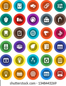 White Solid Icon Set- alarm clock vector, leaf, target, dollar calendar, clipboard, route, sorting, internet, speaker, sperm, tooth, connection, cloud lock, server, equalizer, attachment, buy, phone
